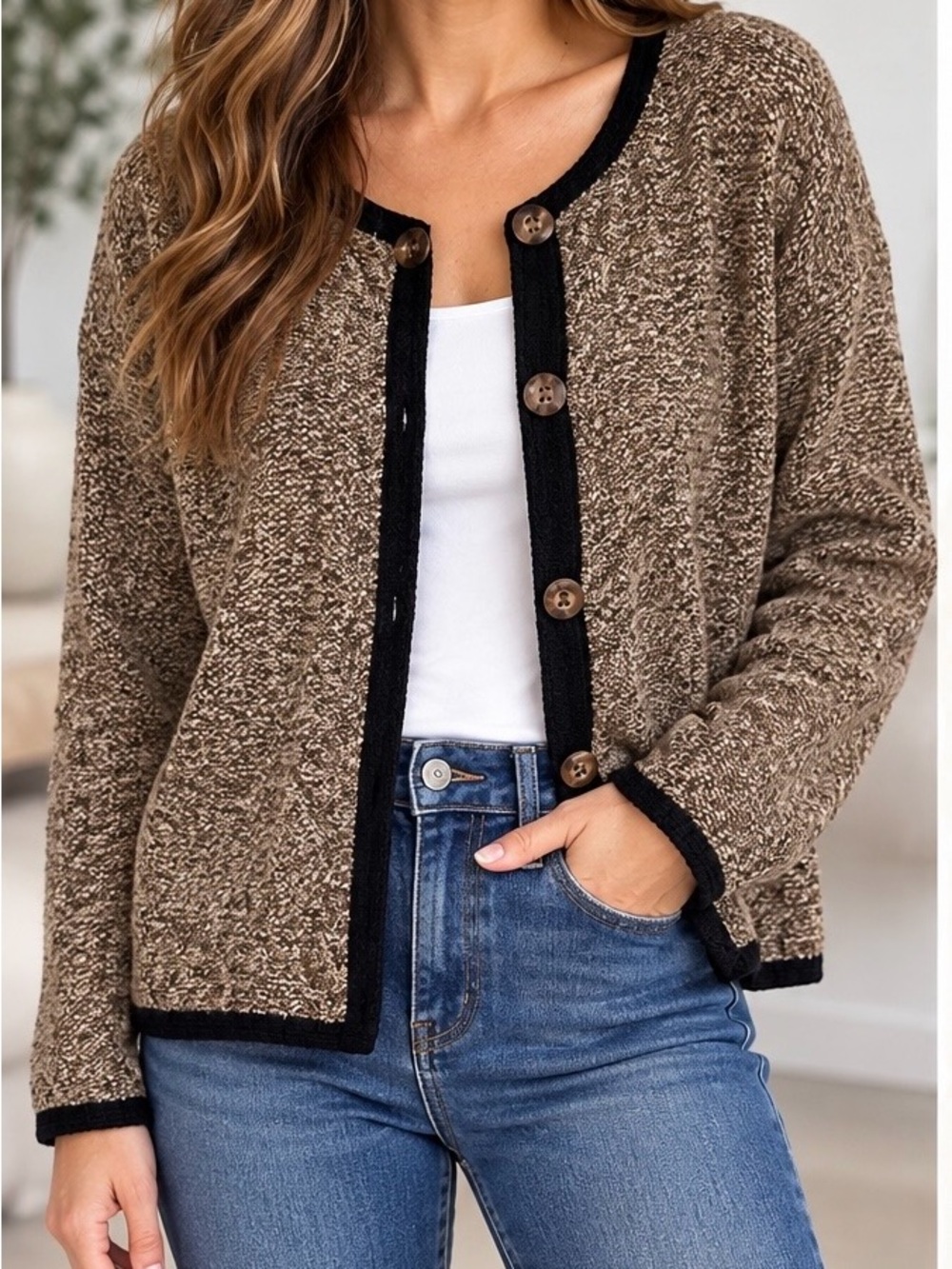 Coldwater Creek Brown and Black tweed Button-Front Cardigan Medium